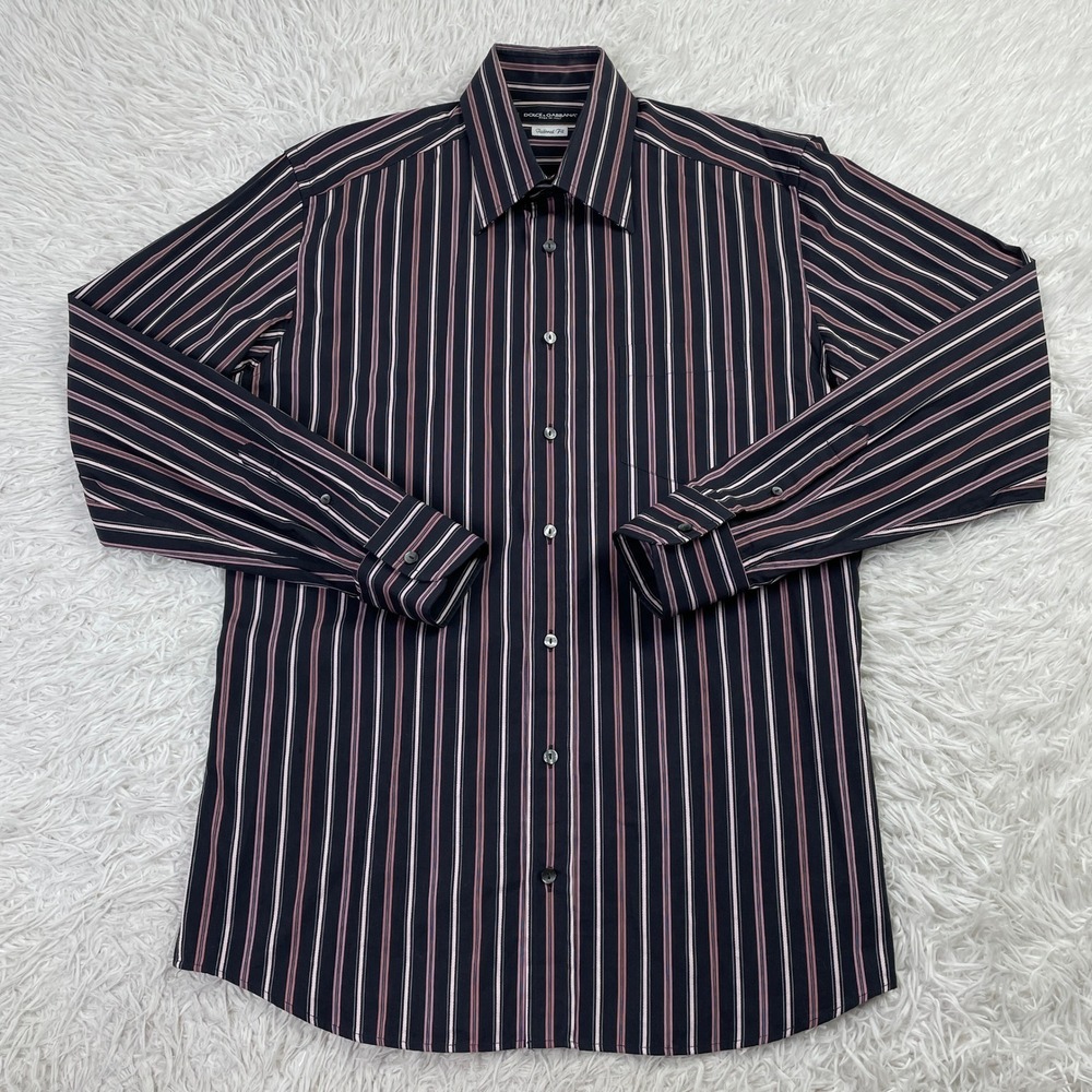 Dolce & Gabbana Shirt Mens 16.5 42 Black Striped Tailored Fit Button Up Pocket